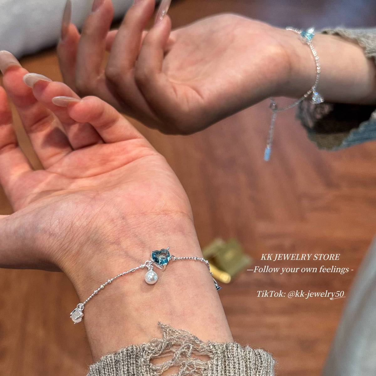 S925 Sterling Silver Sea Blue Heart Love Pearl Bracelet