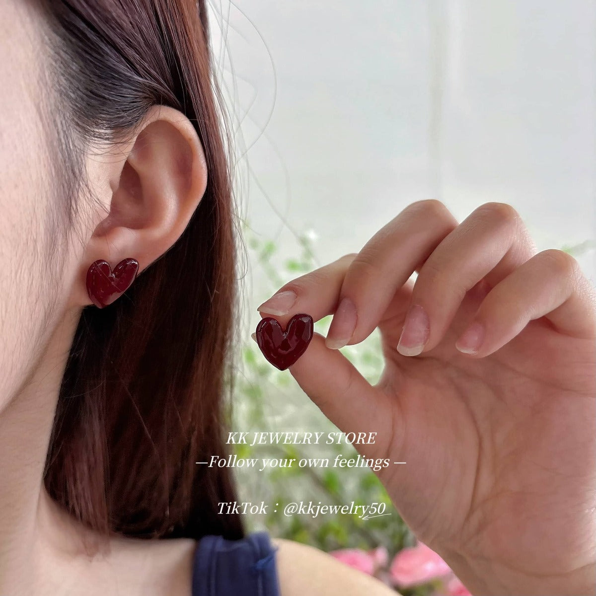 Red love drop glaze metal stud earrings