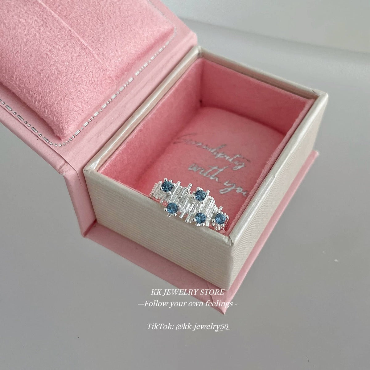 S925 Sterling Silver Irregularly Arranged Folded Sea Blue Diamond Open Ring