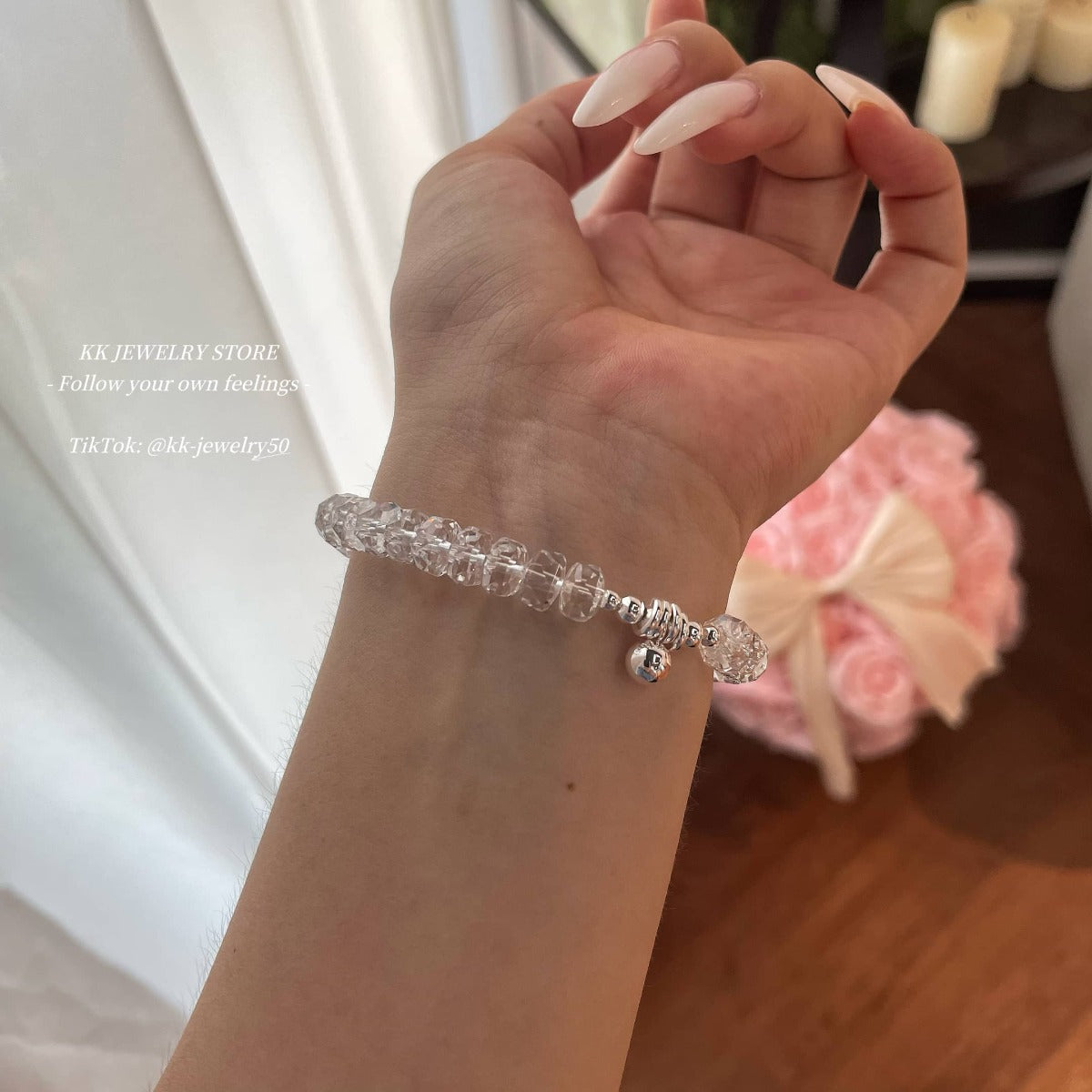 Super flash artificial white crystal silver ball bracelet