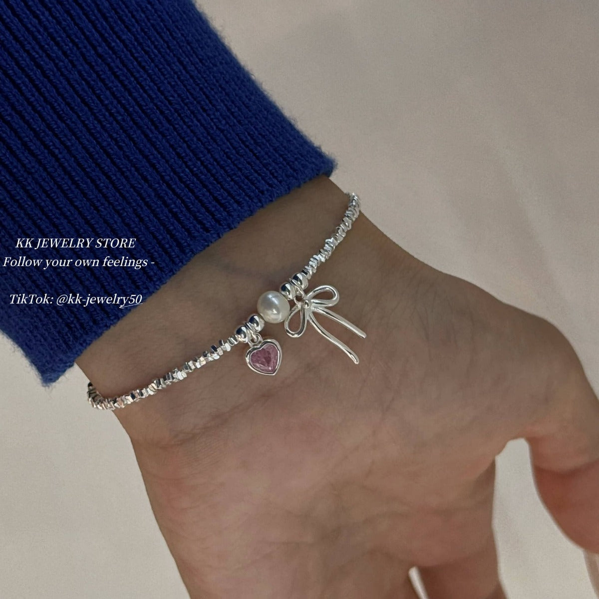 S925 Sterling Silver Pink Love Bow Crushed Silver Bracelet