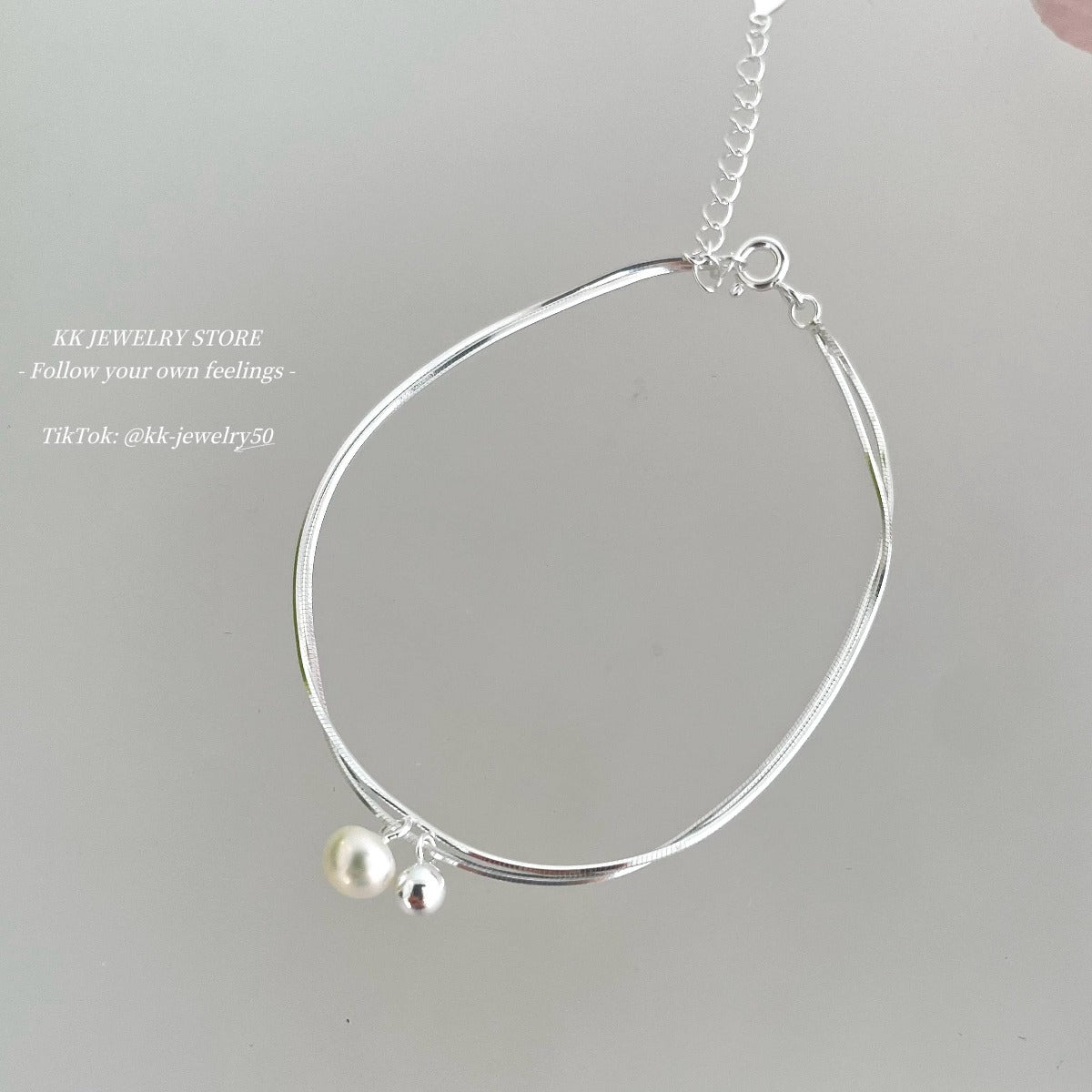 S925 Sterling Silver Freshwater Pearl Ball Double Snake Bone Bracelet