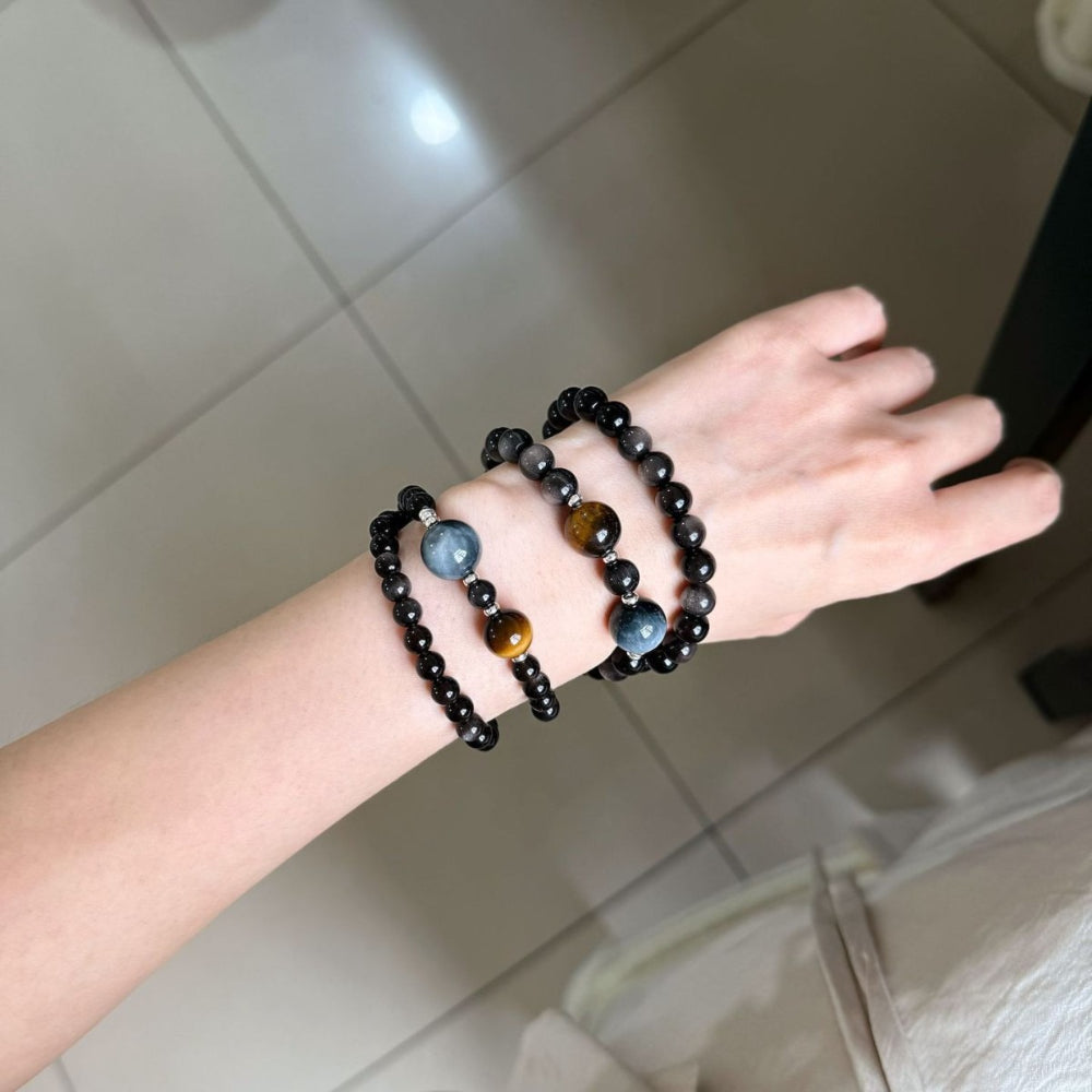 S925 Silver Natural Silver Obsidian Yellow Tiger's Eye Hawkeye Couple Bracelet