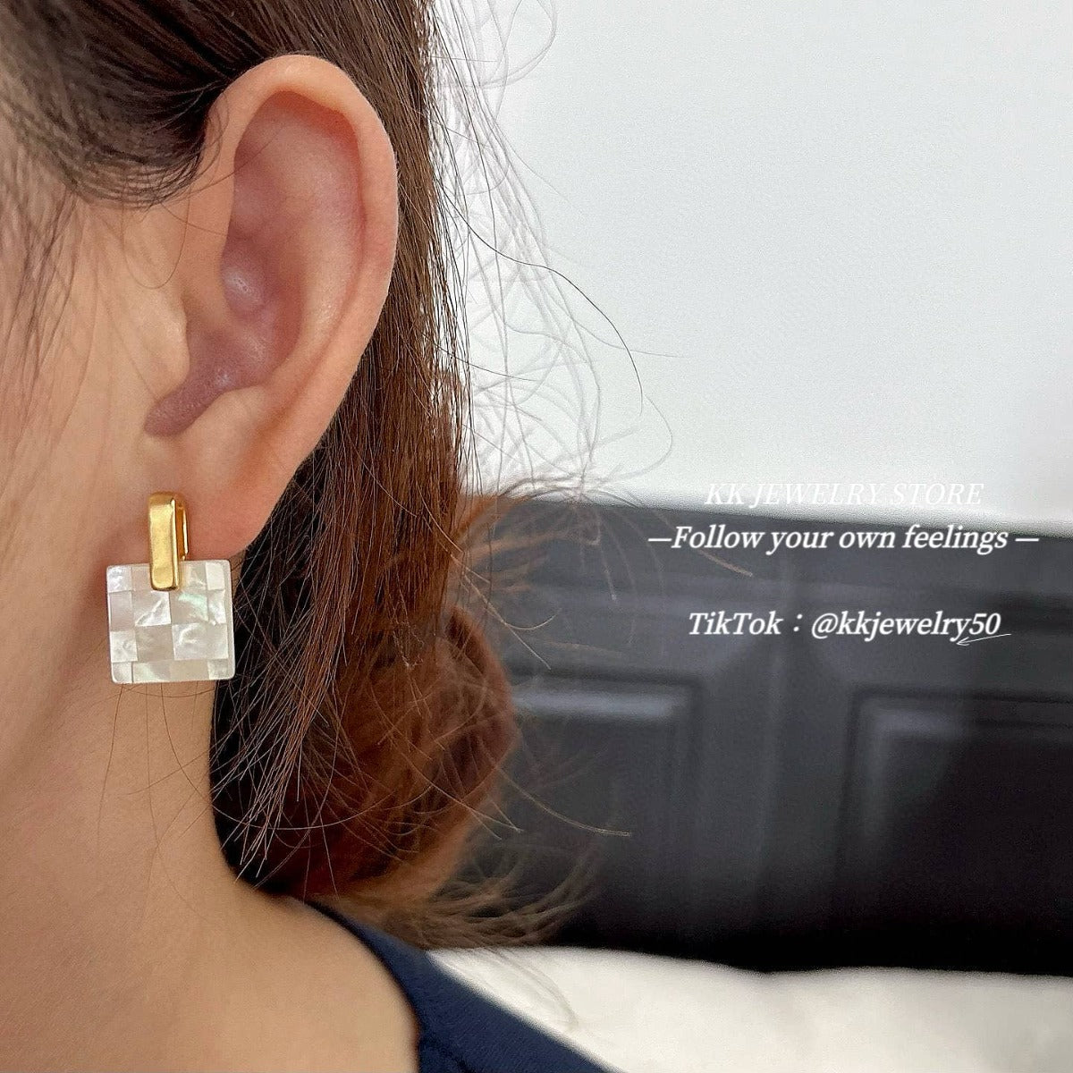 S925 silver needle butterfly shell splicing square stud earrings