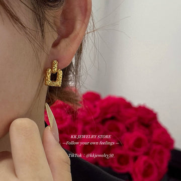 Brass hollow box texture stud earrings