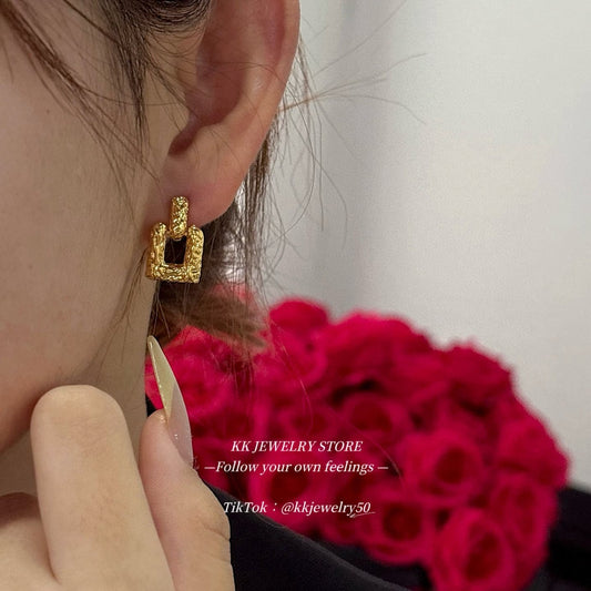 Brass hollow box texture stud earrings