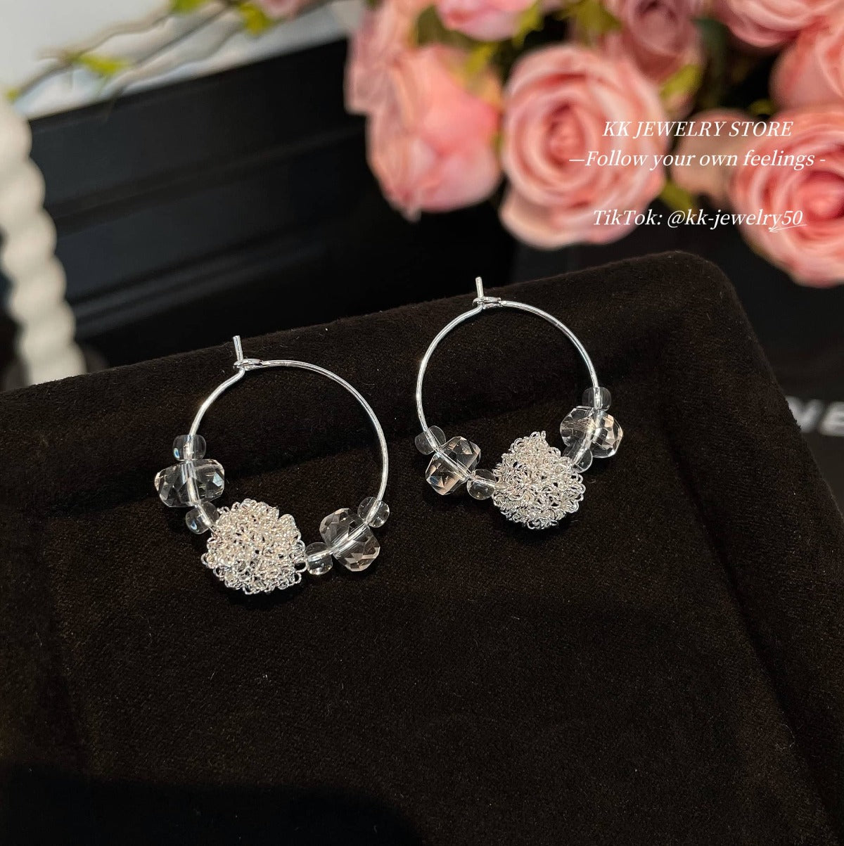 Transparent crystal steel wire ball earrings