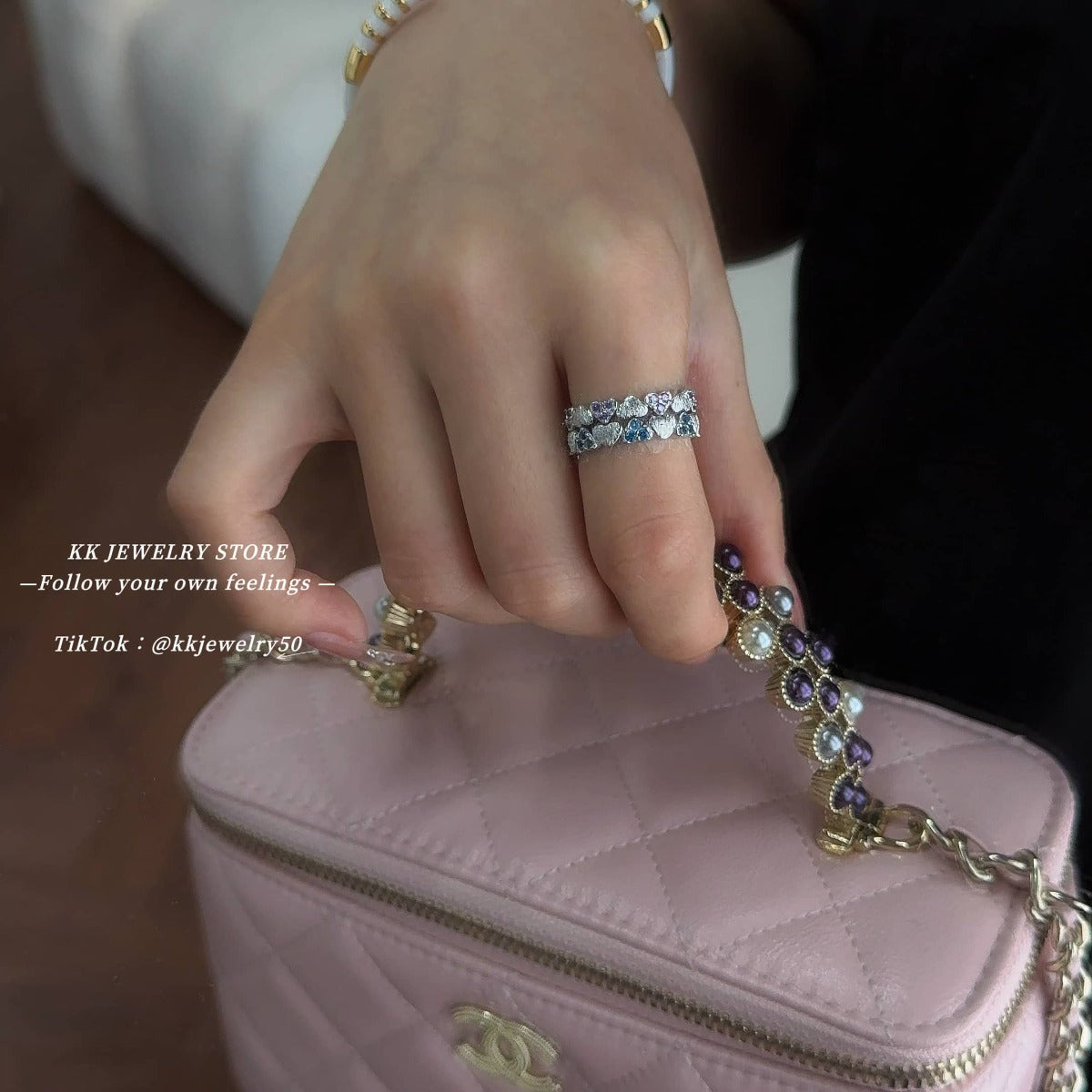 S925 Silver Brushed Full Ring Purple Diamond Blue Diamond Love Ring