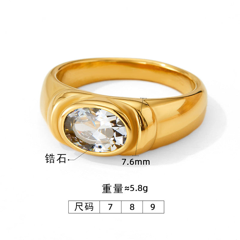 Color-retaining vacuum plated stainless steel ring with colored zircon