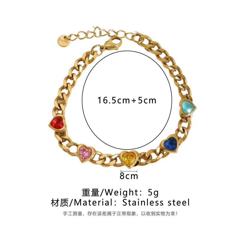 Colorful zircon heart shaped sweet color-preserving bracelet