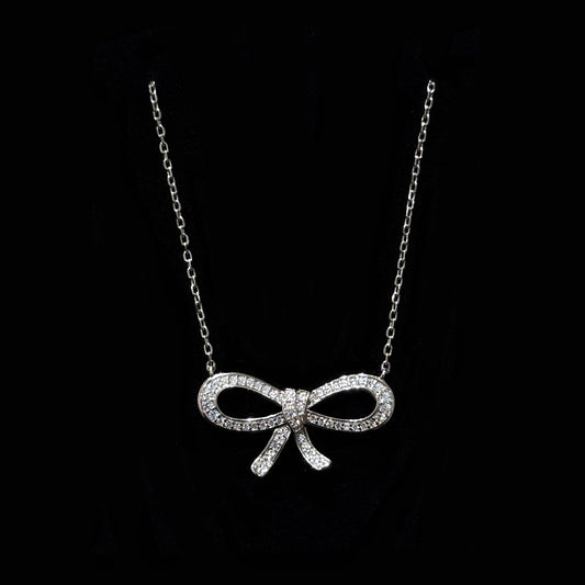 925 Silver Bow Ribbon Full Diamond Necklace