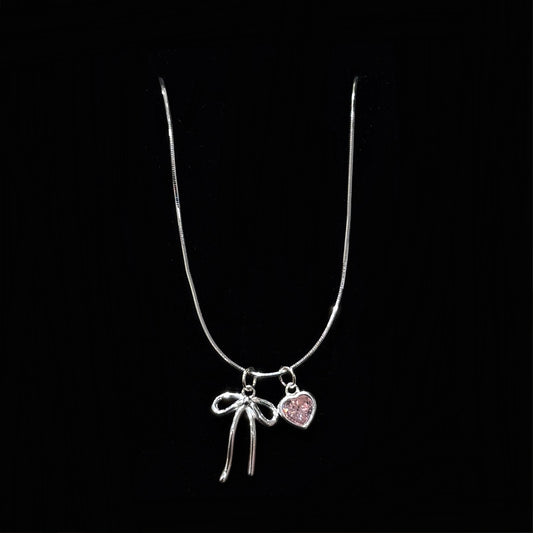 925 Silver Bow Pink Diamond Heart Necklace