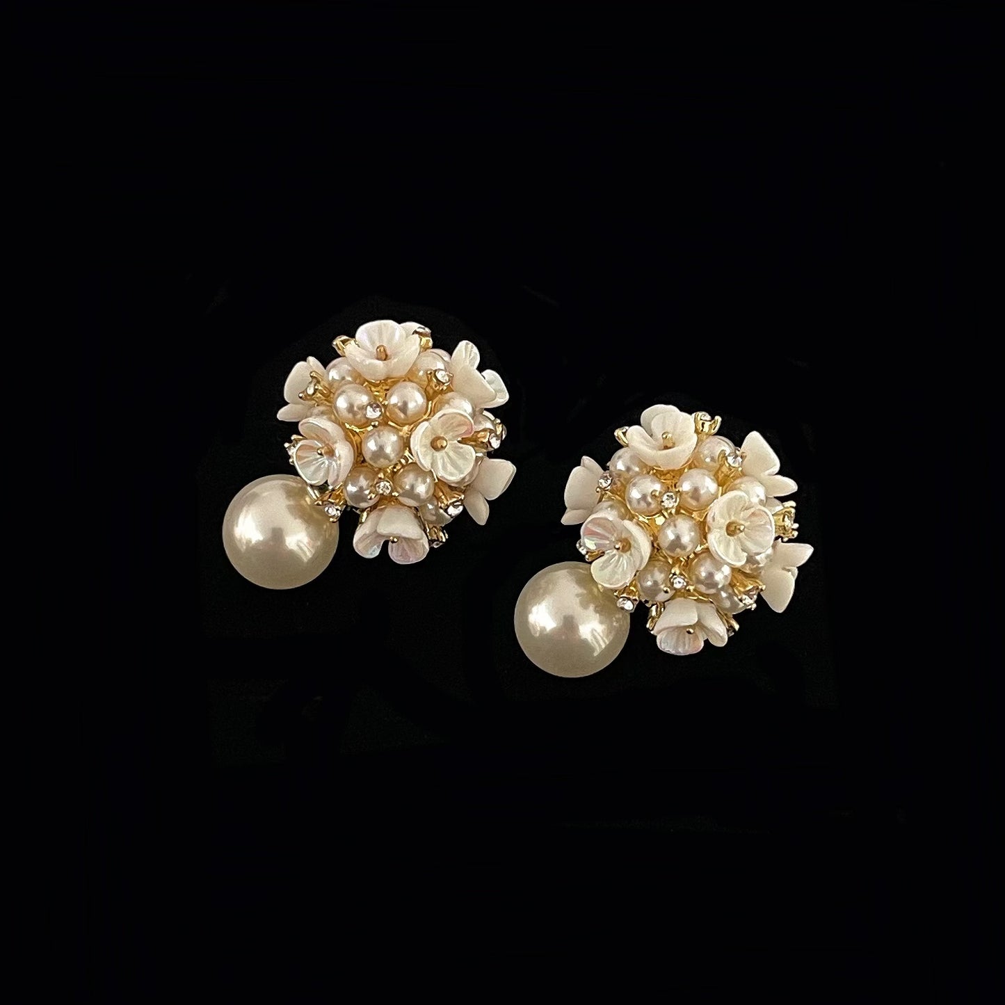 Silver needle zircon faux pearl aurora flower cluster earrings