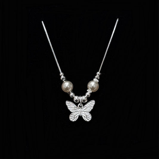 925 Silver Gentle Wind Butterfly Texture Faux Pearl Necklace