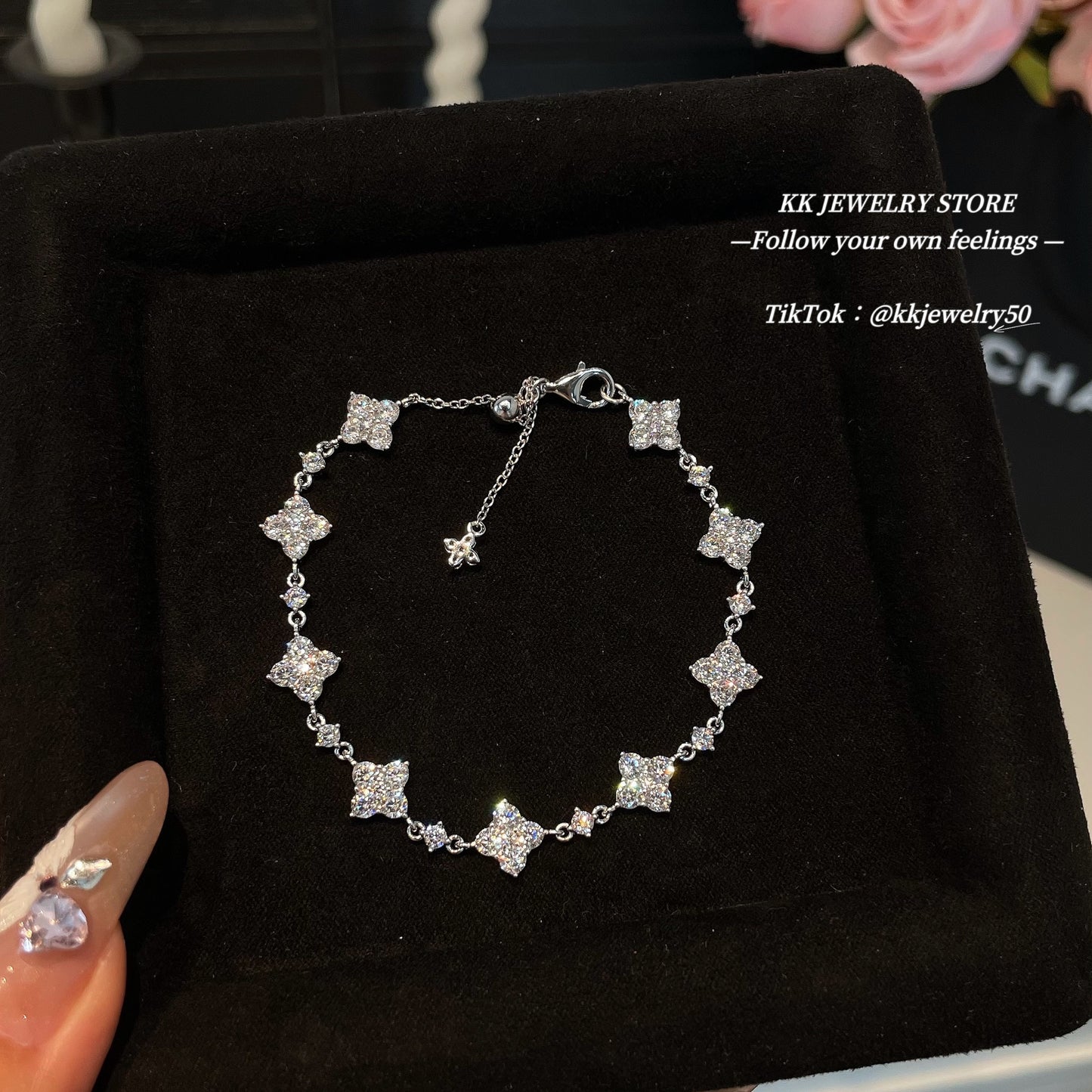 925 Silver Four-Leaf Full-Diamond Flower Bracelet