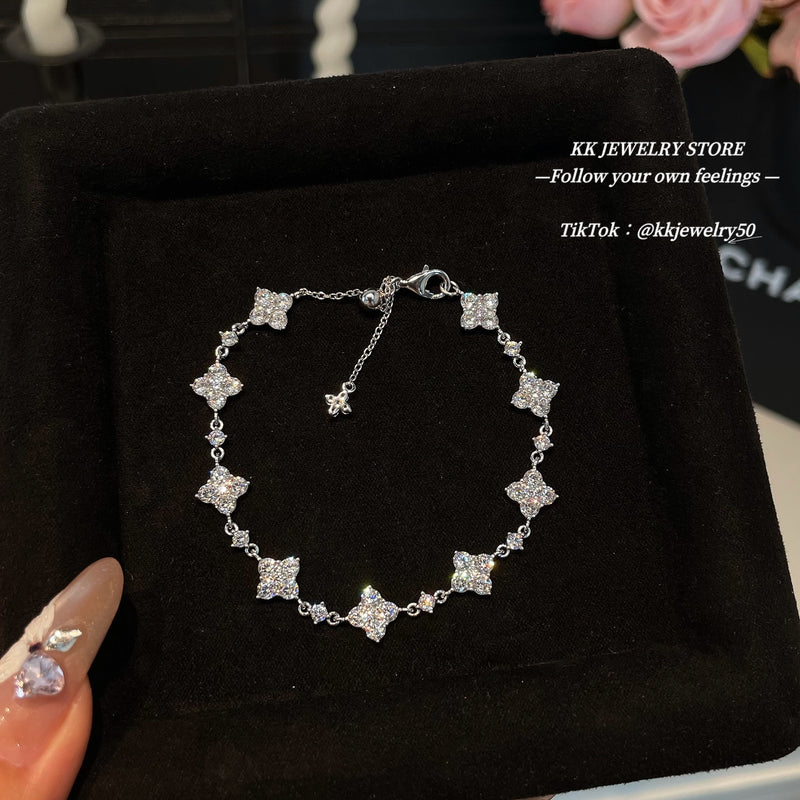 925 Silver Four-Leaf Full-Diamond Flower Bracelet