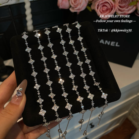 925 Silver Four-Leaf Full-Diamond Flower Bracelet