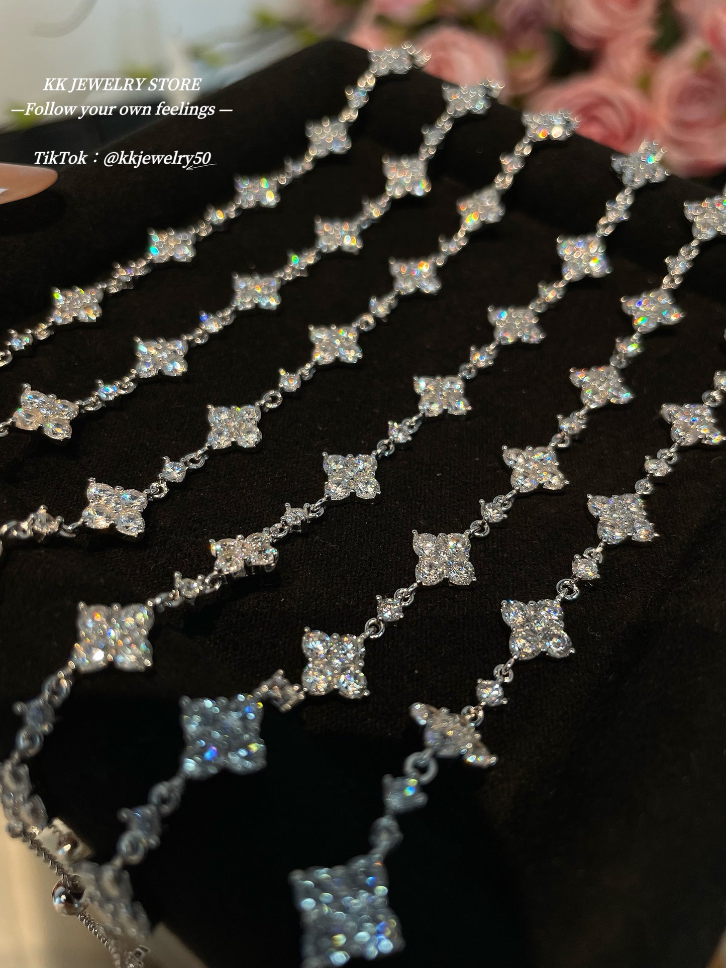 925 Silver Four-Leaf Full-Diamond Flower Bracelet