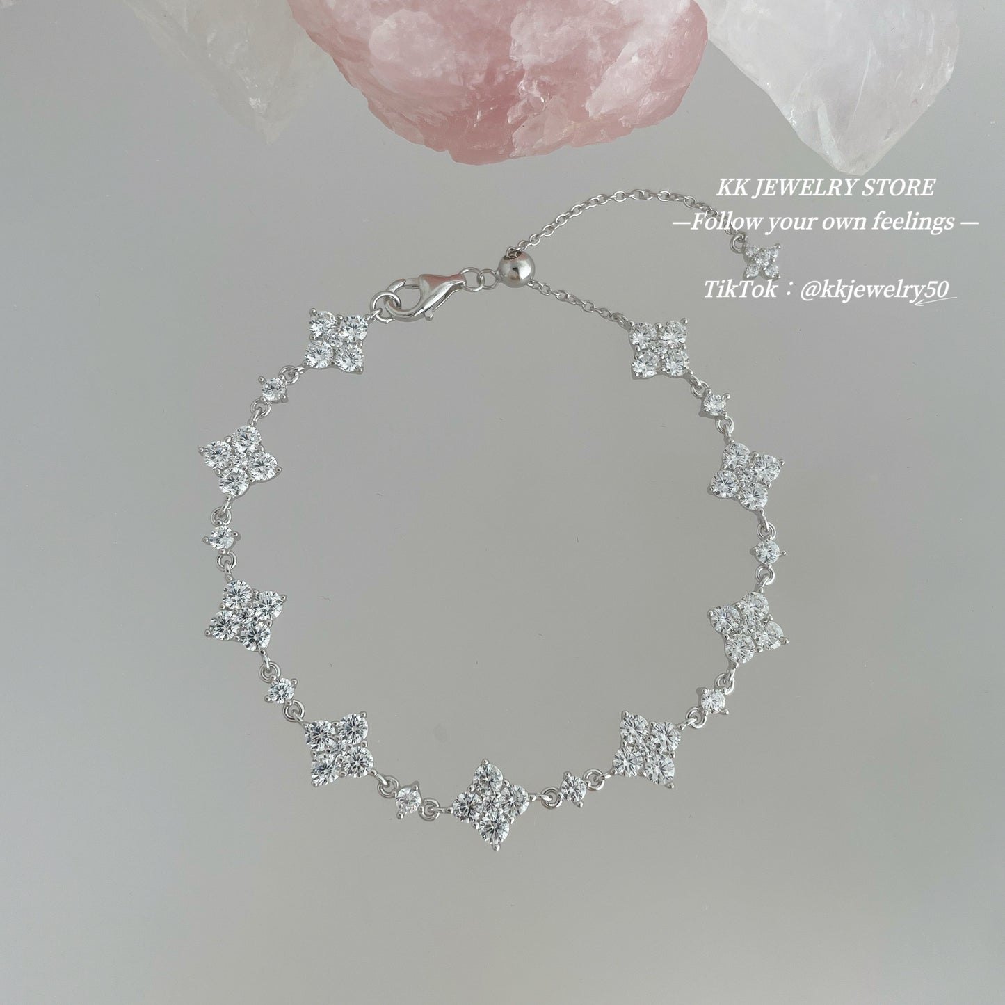 925 Silver Four-Leaf Full-Diamond Flower Bracelet