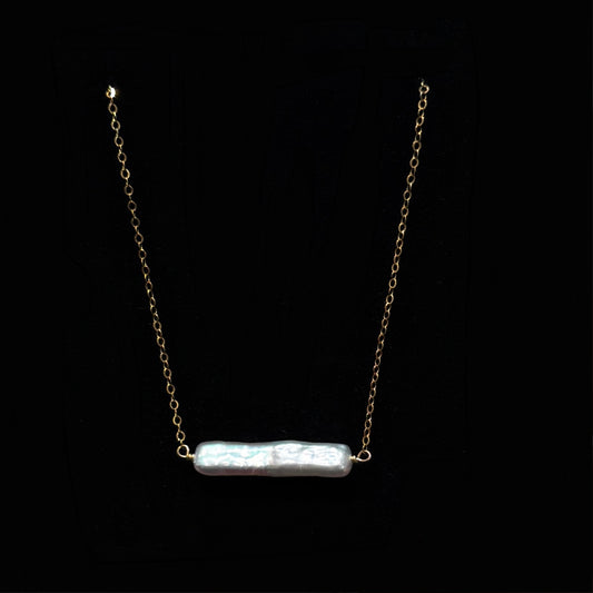 14k gold-filled beckoning small silver bar pearl necklace