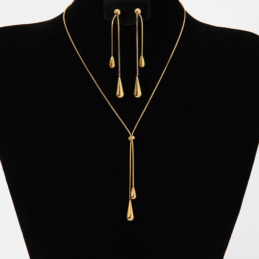Long pullable water drop pendant necklace earrings set