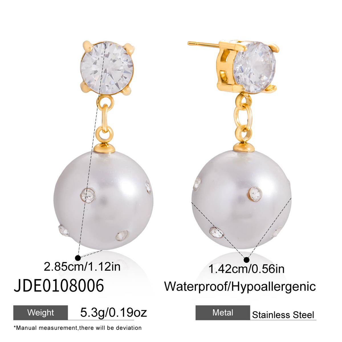 Titanium steel imitation pearl diamond stud earrings do not fade