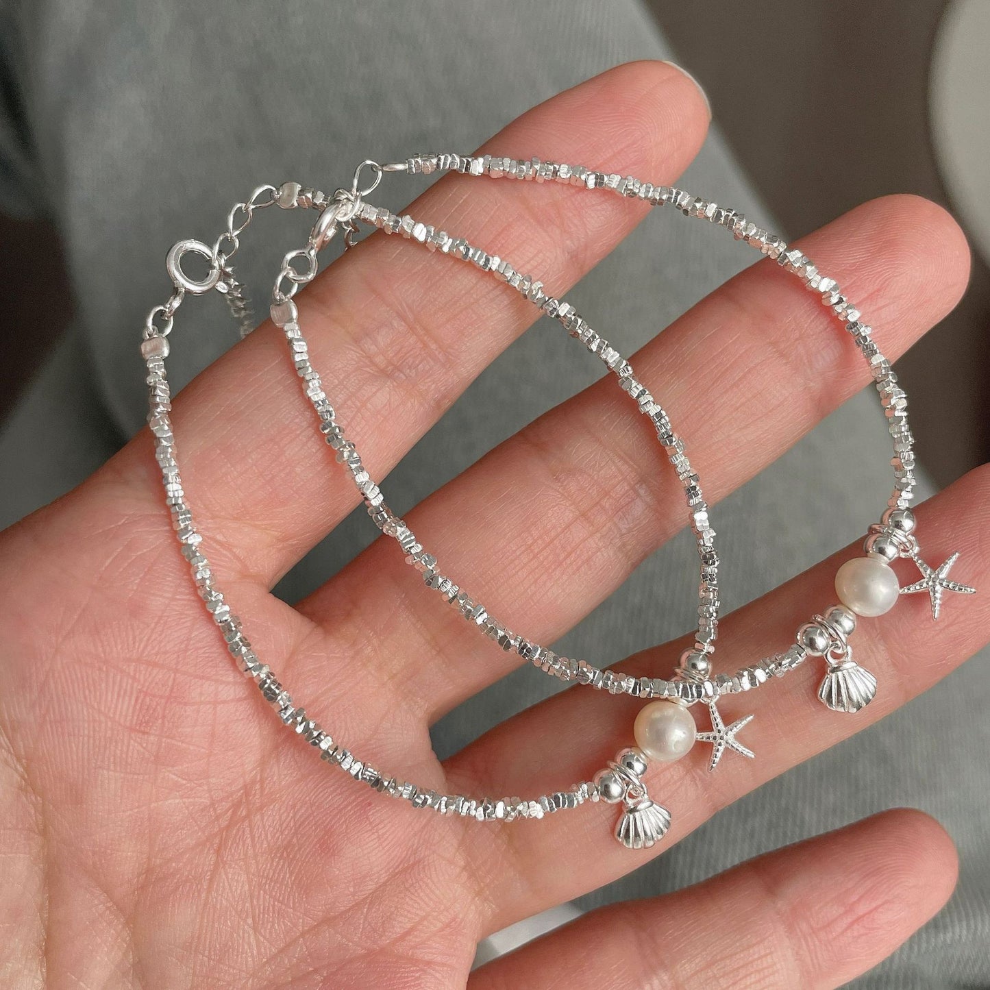 S925 Sterling Silver Shredded Silver Starfish Shell Bracelet