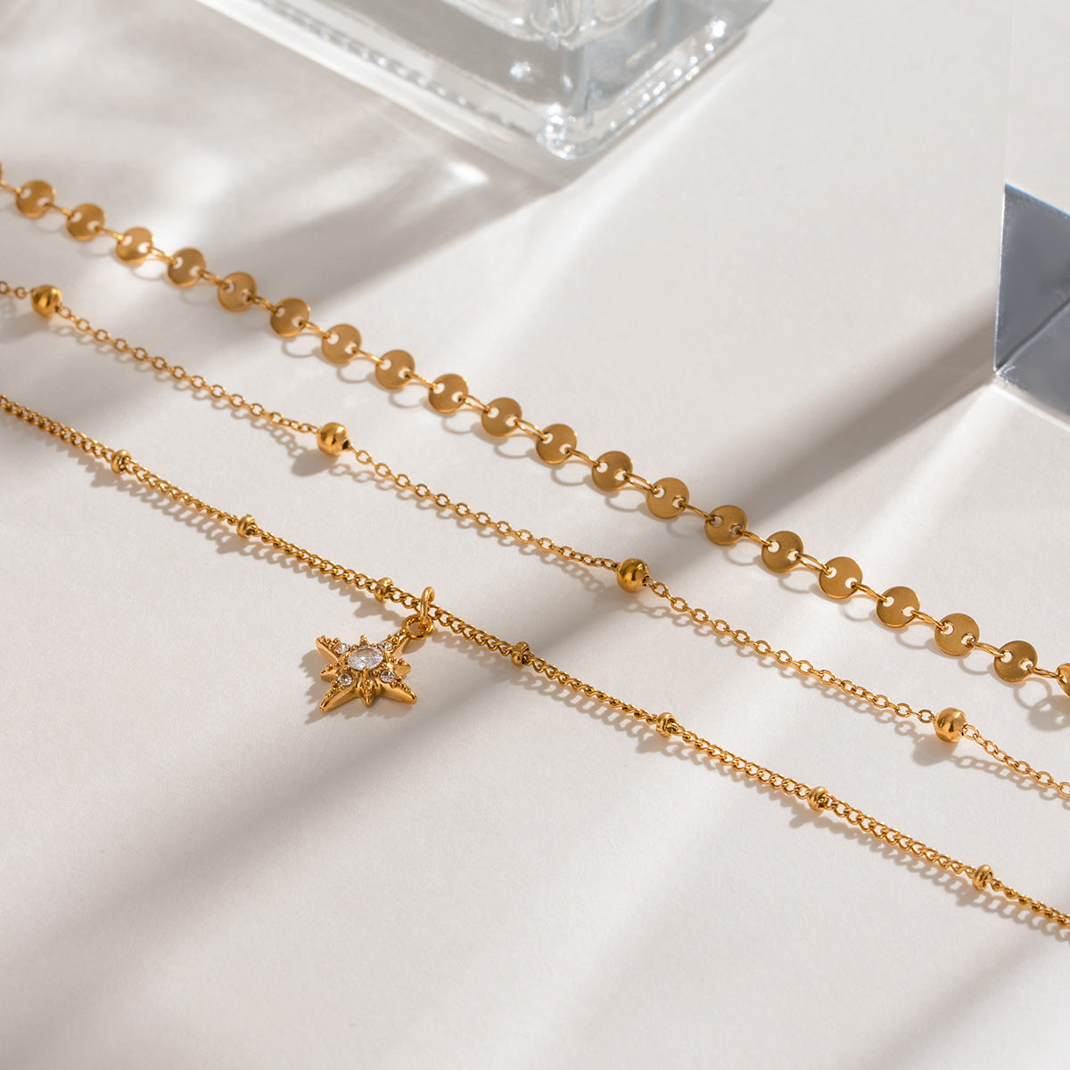 Stainless steel tetragonal star pendant three-layer necklace