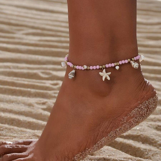 Beach natural stone pendant pink rice bead anklet