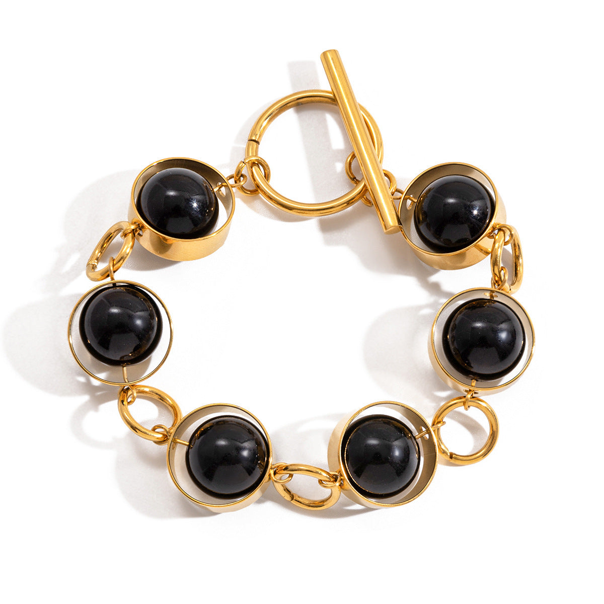 Stainless steel black glass bead OT buckle bracelet