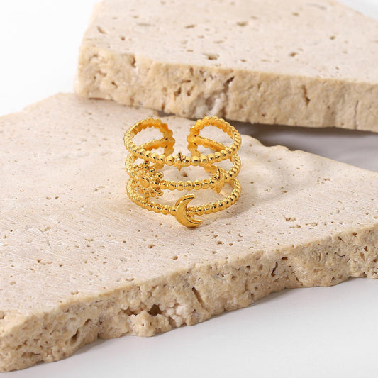 Three-layer star and moon open ring stainless steel