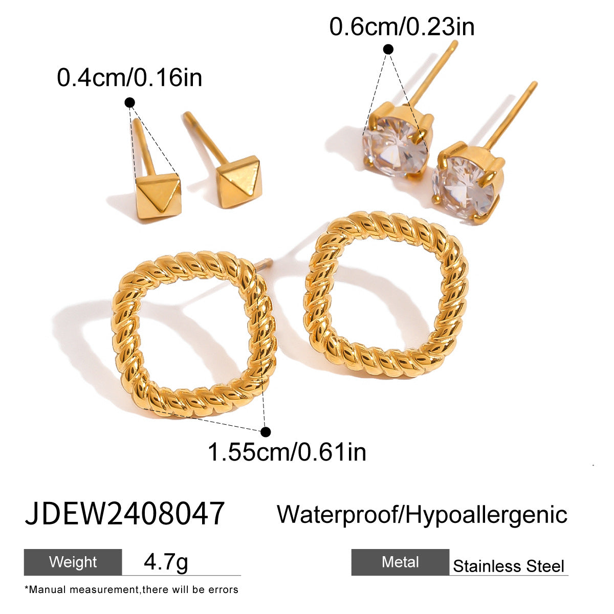 Three pairs of stainless steel zircon stud earrings