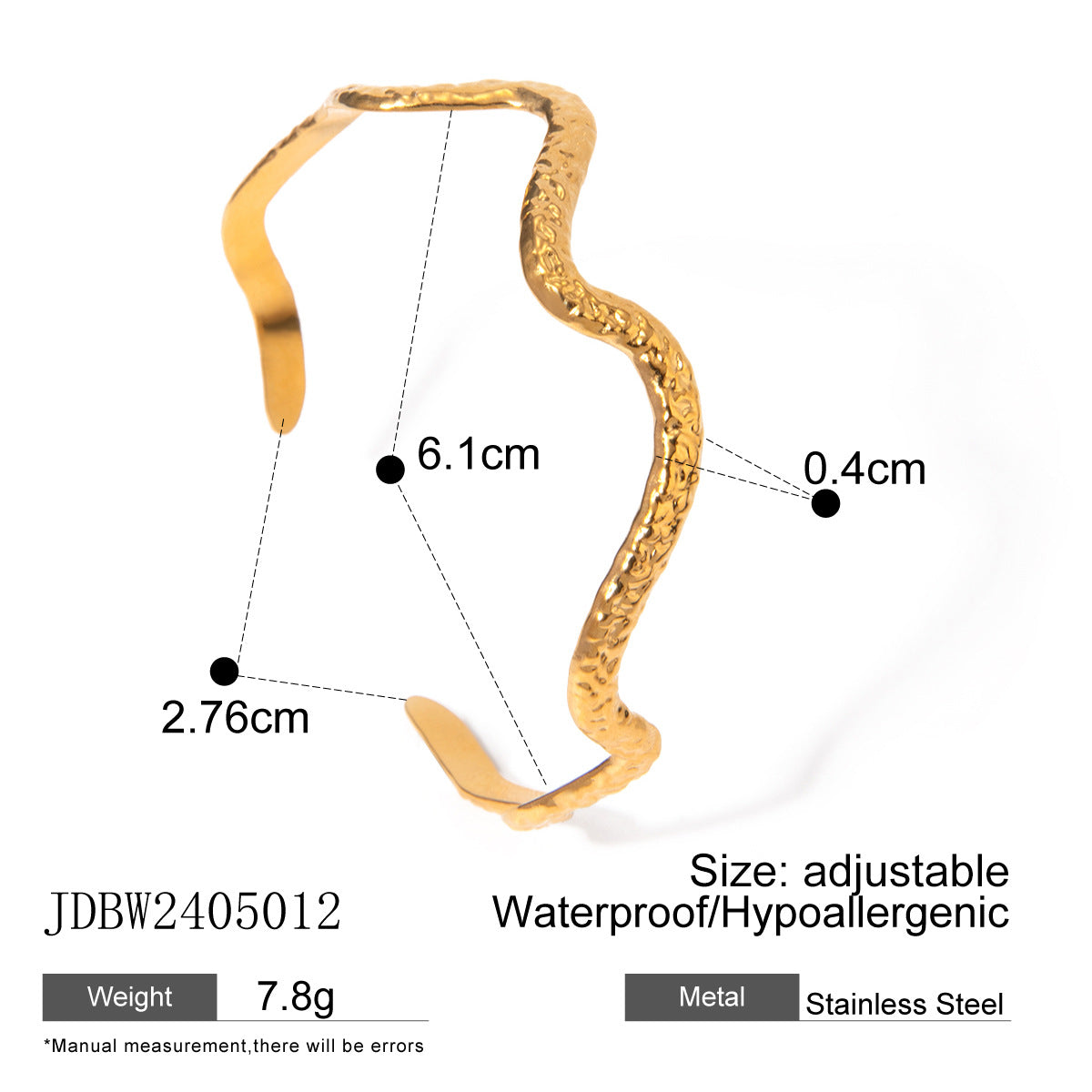 Stainless steel beating pattern wave opening bracelet