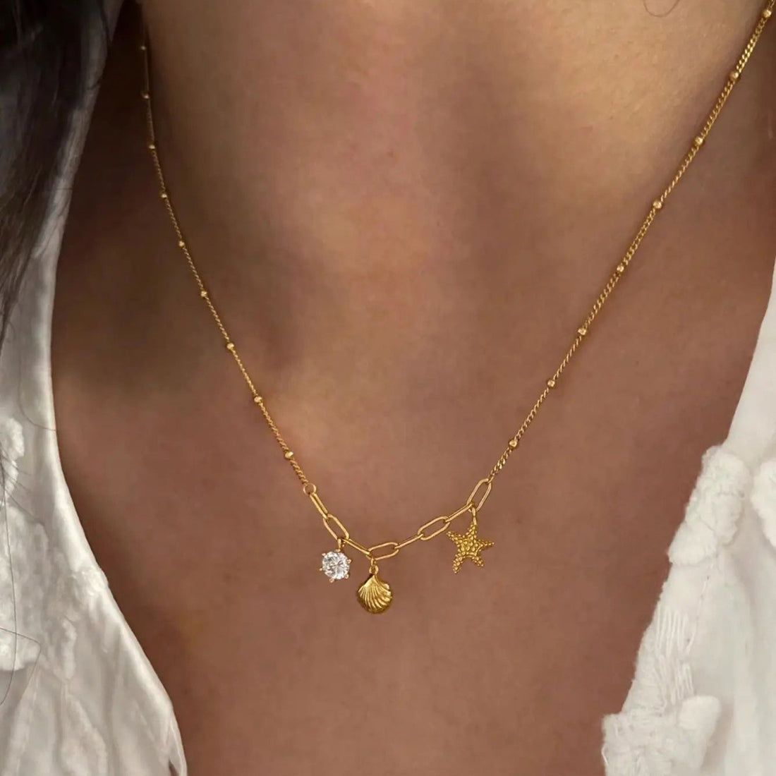 Stainless steel zircon starfish pendant necklace