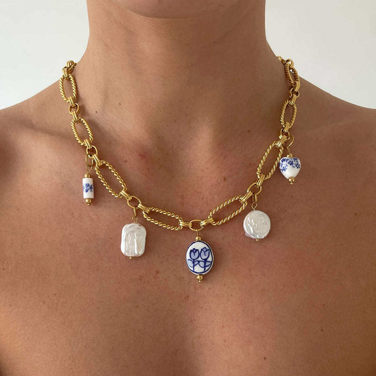 Stainless steel pearl love ceramic pendant necklace