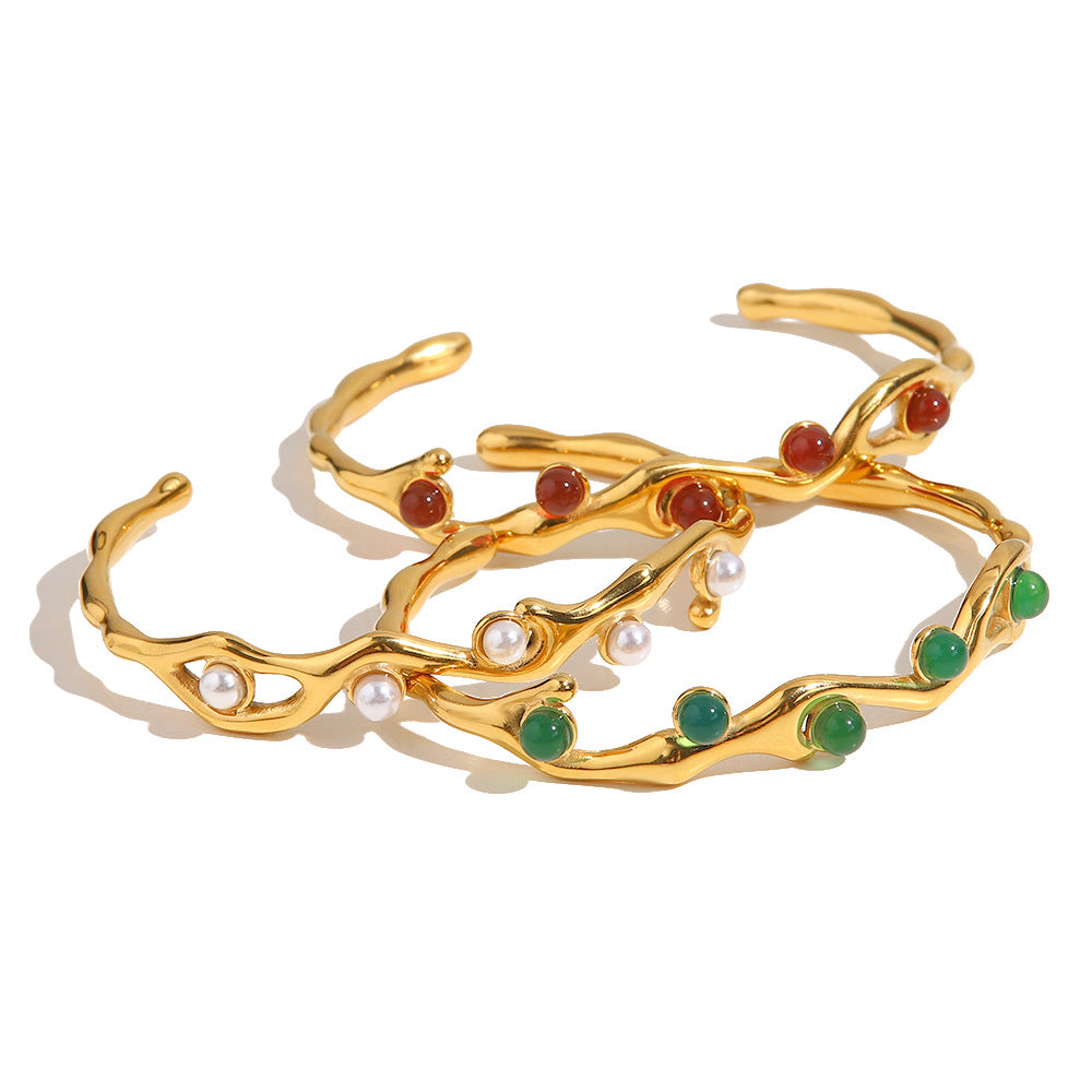 Natural stone imitation pearl opening titanium steel bracelet