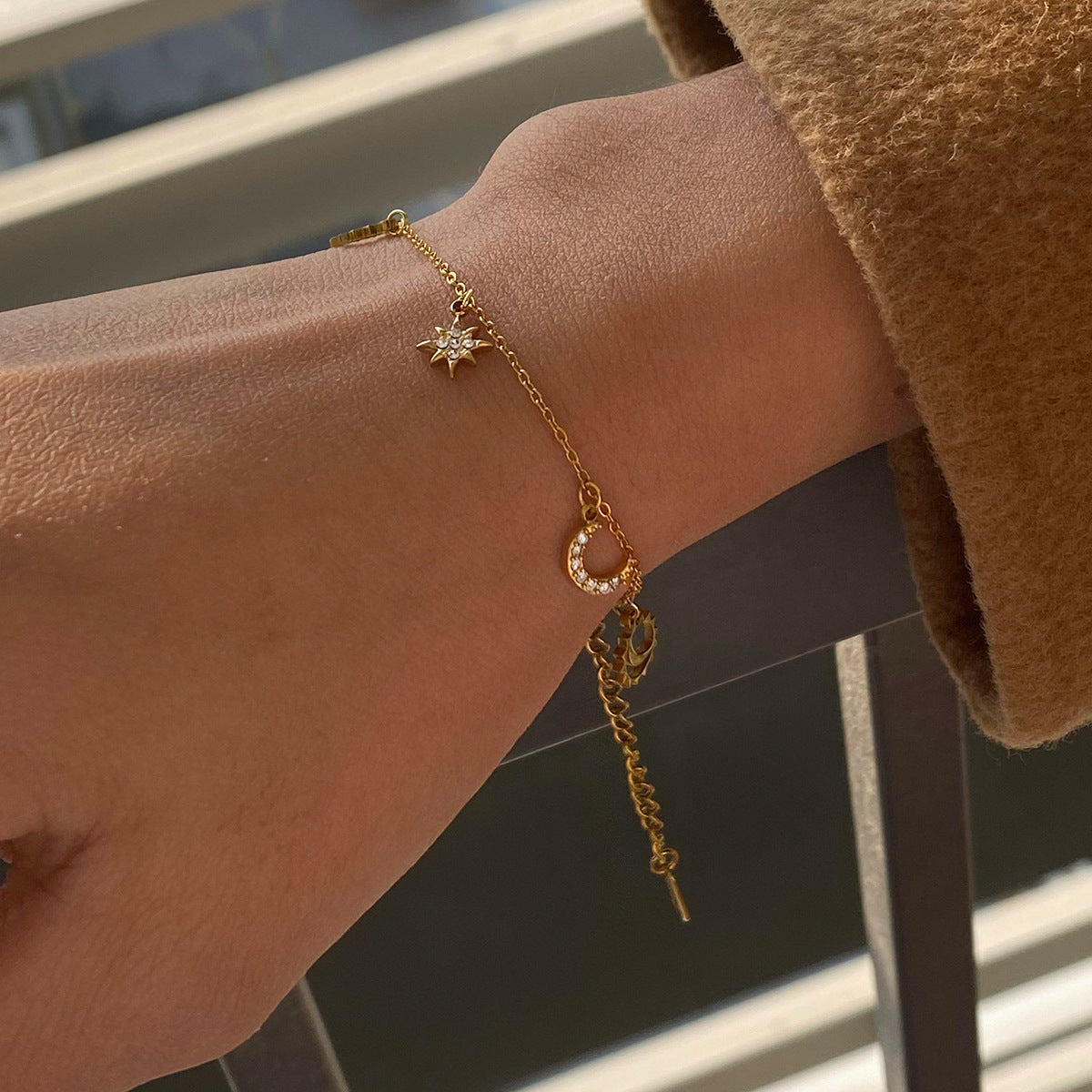 Star Moon Titanium Steel Bracelet with Diamonds