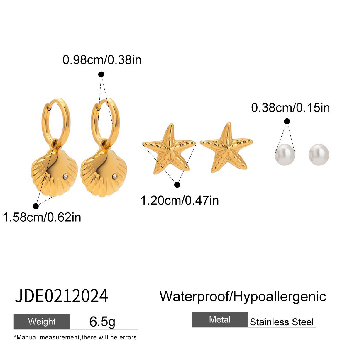 Three pairs of stainless steel zircon stud earrings