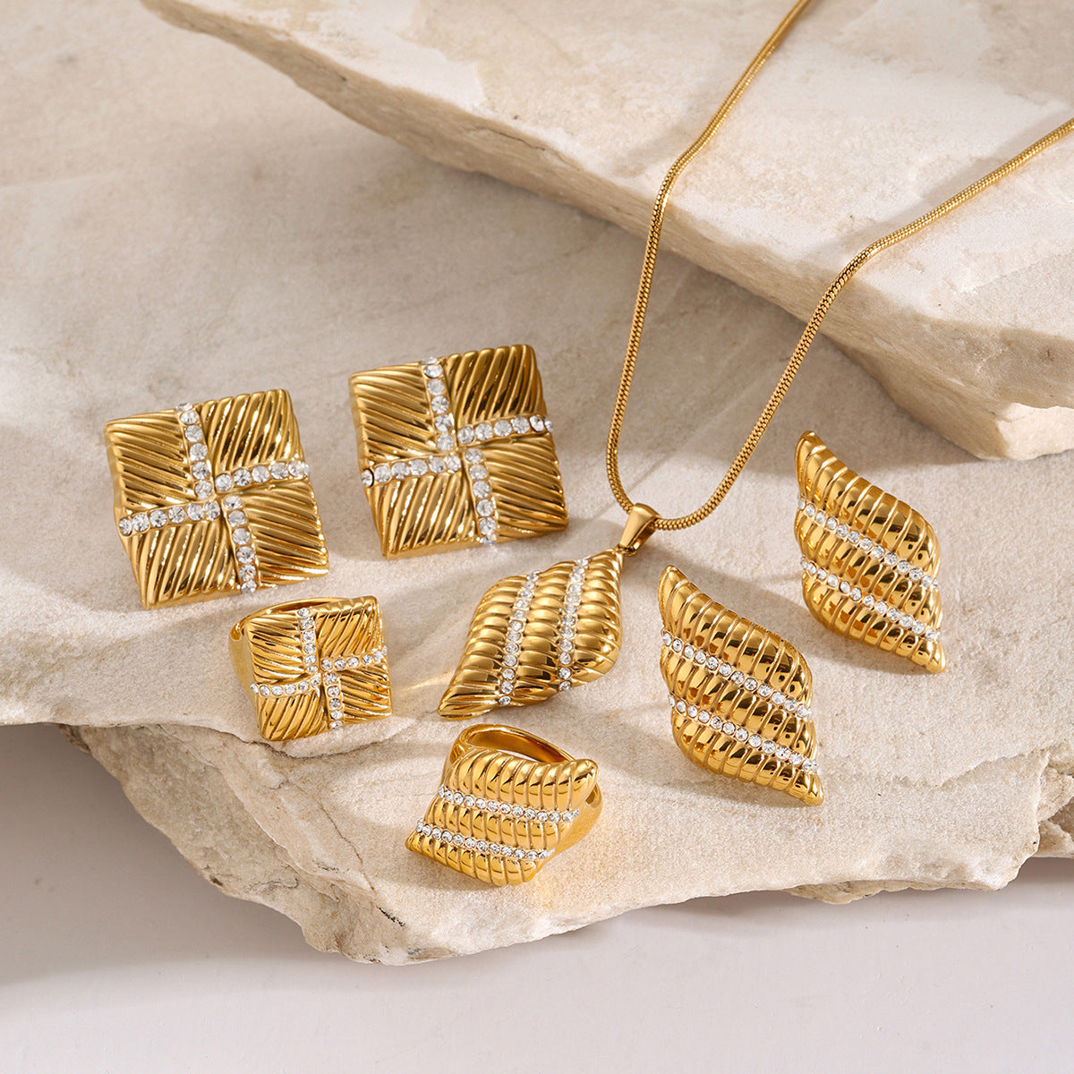 Stainless Steel Feather Threaded Ring Earrings Necklace