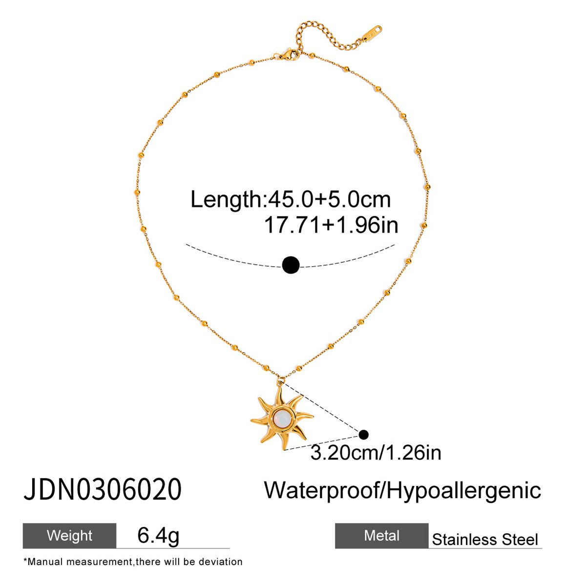 Sun stud earrings necklace stainless steel set