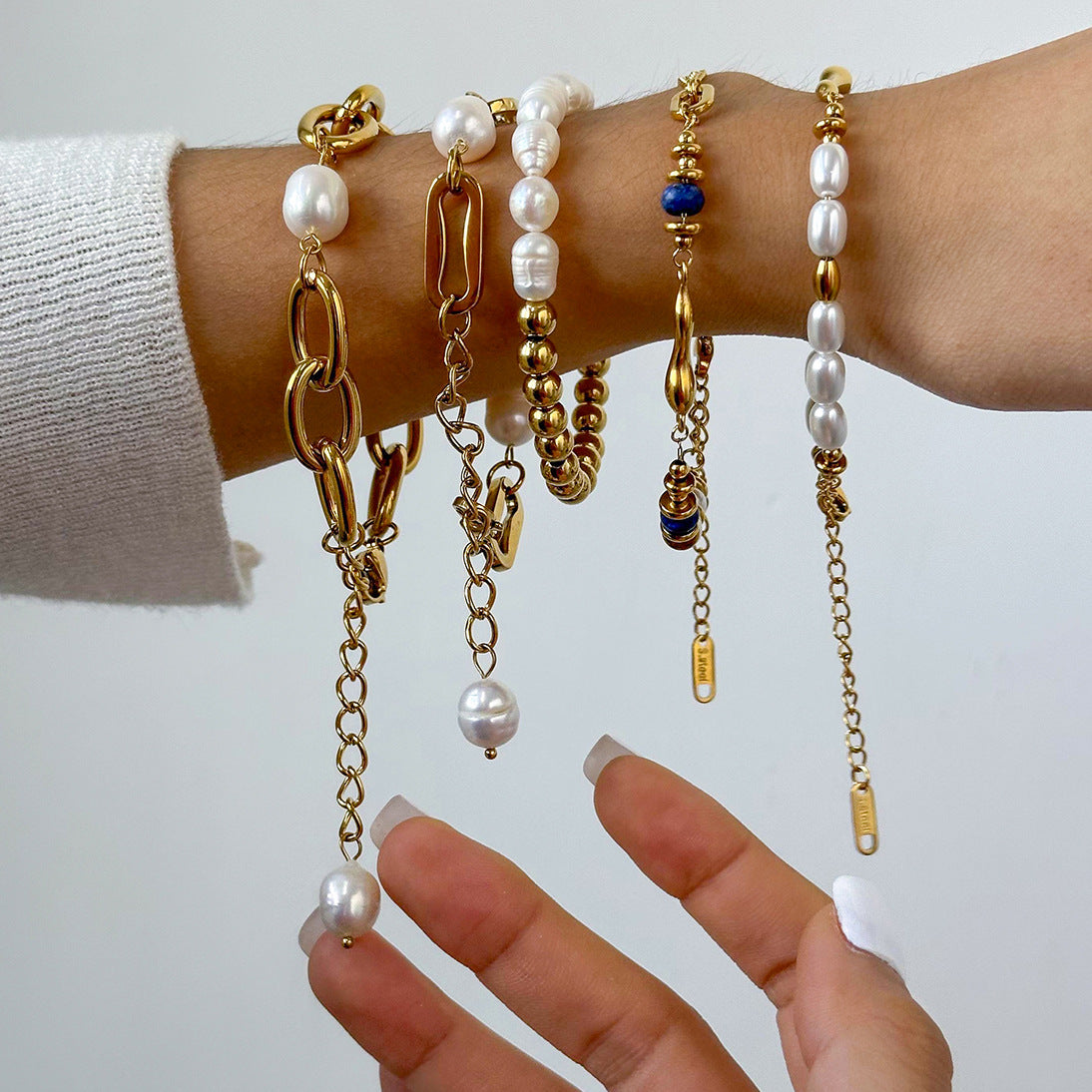 Stainless steel pearl stacked bracelet
