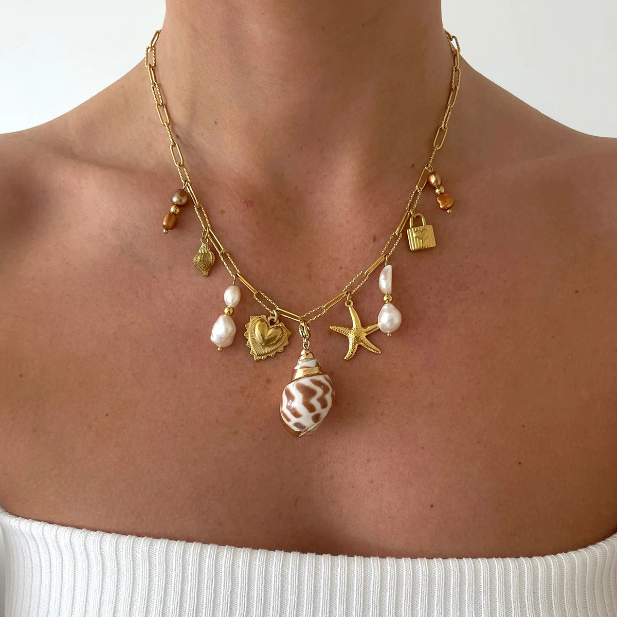 Stainless Steel Love Pearl Pendant Pink Vacation Ocean Necklace