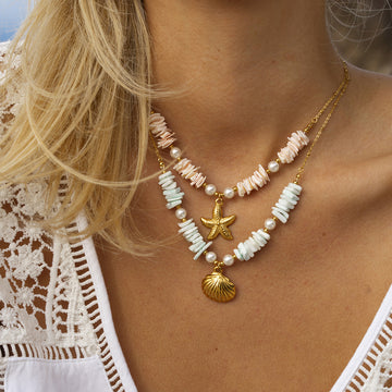 Stainless Steel Mint Green Shell Piece Pearl Shell Pendant Necklace