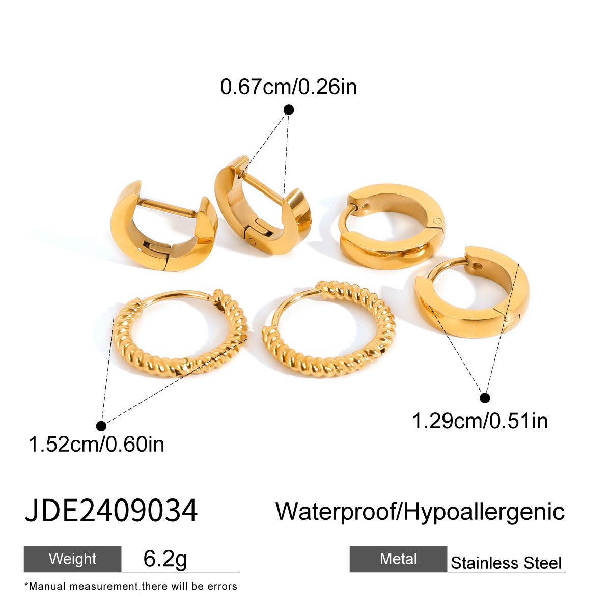 Three pairs of stainless steel zircon stud earrings