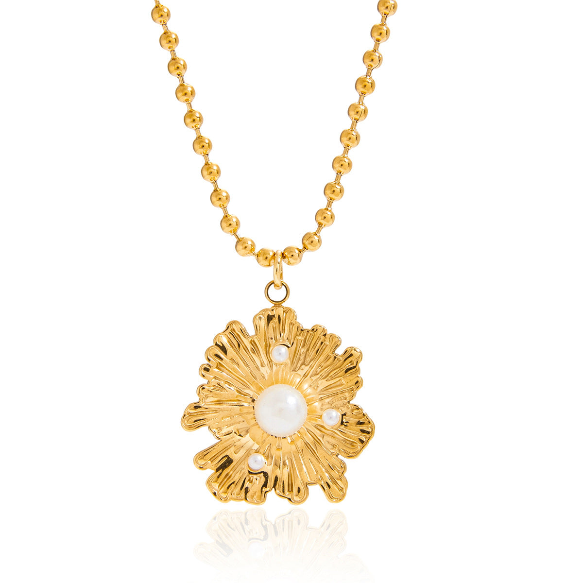 Golden Titanium Steel Imitation Pearl Flower Necklace