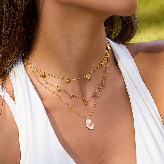 Stainless steel colored love pendant stacked necklace