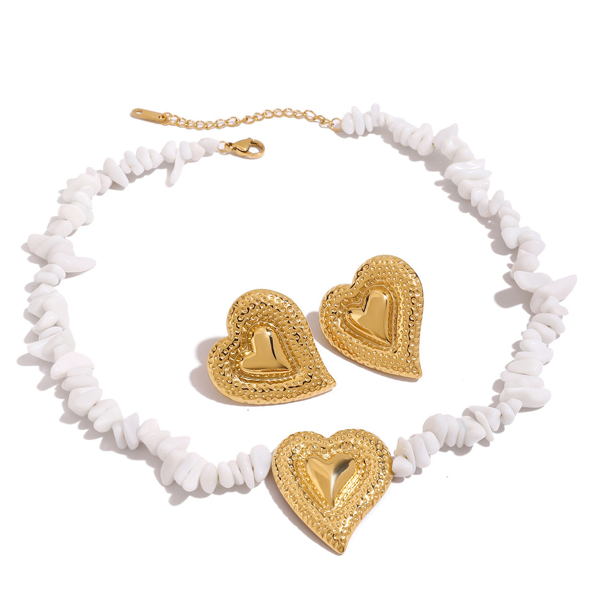 Stainless steel hammer pattern love white gravel stud earrings necklace