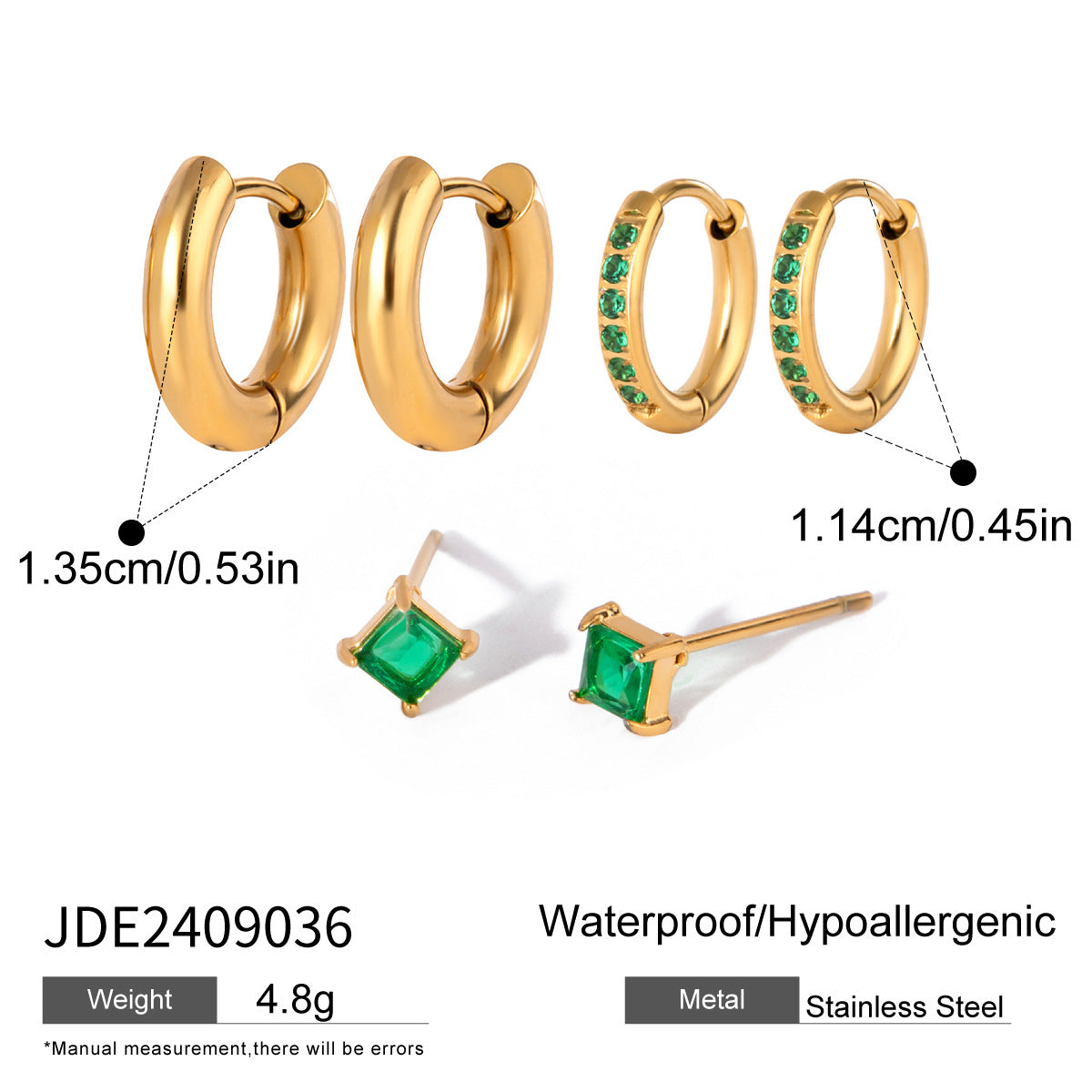 Three pairs of stainless steel zircon stud earrings