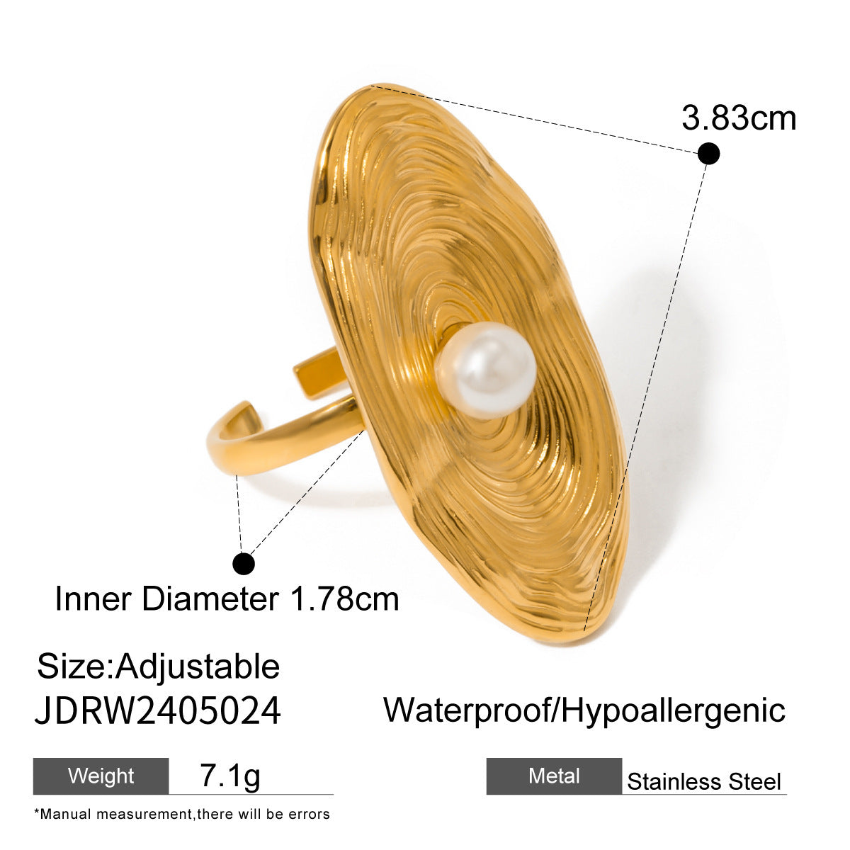 Stainless steel gold pearl ring