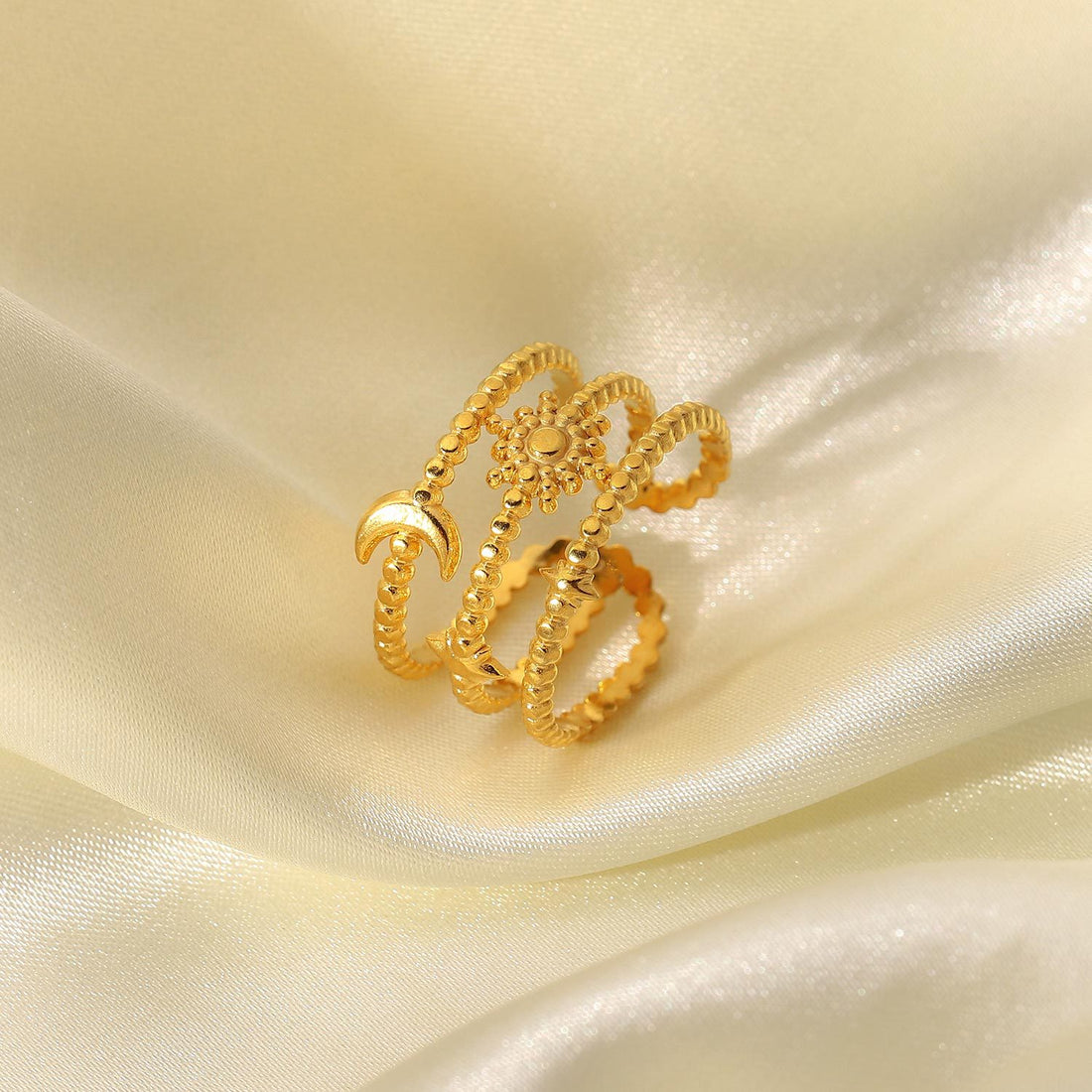 Three-layer star and moon open ring stainless steel